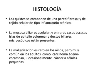 HISTOLOGÍA
• Los quistes se componen de una pared fibrosa; y de
tejido celular de tipo inflamatorio crónico.
• La mucosa biliar es acelular, y en raros casos escasas
islas de epitelio columnar y ductos biliares
microscópicos están presentes.
• La malignización es raro en los niños, pero muy
común en los adultos como carcinoma adeno-
escamoso, u ocasionalmente cáncer a células
pequeñas.
 