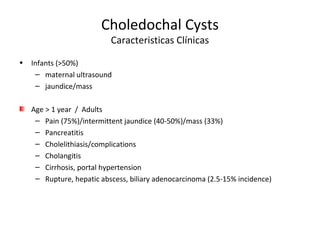 Choledochal Cysts
Caracteristicas Clínicas
• Infants (>50%)
– maternal ultrasound
– jaundice/mass
Age > 1 year / Adults
– Pain (75%)/intermittent jaundice (40-50%)/mass (33%)
– Pancreatitis
– Cholelithiasis/complications
– Cholangitis
– Cirrhosis, portal hypertension
– Rupture, hepatic abscess, biliary adenocarcinoma (2.5-15% incidence)
 