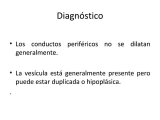Diagnóstico
• Los conductos periféricos no se dilatan
generalmente.
• La vesícula está generalmente presente pero
puede estar duplicada o hipoplásica.
.
 