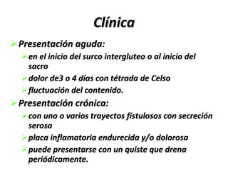 Clínica Presentación aguda: en el inicio del surco intergluteo o al inicio del sacro dolor de3 o 4 días con tétrada de Celso fluctuación del contenido. Presentación crónica:  con uno o varios trayectos fistulosos con secreción serosa placa inflamatoria endurecida y/o dolorosa puede presentarse con un quiste que drena periódicamente. 