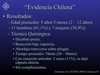 “Evidencia Chilena”
• Resultados:
  – Edad promedio: 5 años 5 meses (2 – 12 años).
  – 11 hombres (61,1%) y 7 mujeres (38,9%).
  – Técnica Quirúrgica:
    • Decúbito prono.
    • Resección bajo isquemia.
    • Abordaje transverso sobre pliegue.
    • Tiempo promedio: 58min (20 – 90min).
    • Con conexión articular: 2 casos (11%), se dejó
      cápsula abierta.
    • Sin complicaciones.
                              (Vaisman et al. SCHOT 2004) Evidencia IV
 