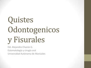 Quistes
Odontogenicos
y Fisurales
Od. Alejandro Chacón G.
Estomatología y cirugía oral
Universidad Autónoma de Manizales
 