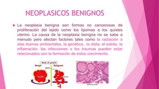 NEOPLASICOS BENIGNOS
 La neoplasia benigna son formas no cancerosas de
proliferación del tejido como los lipomas a los quistes
uterino. La causa de la neoplasia benigna no se sabe a
menudo pero afectan factores tales como la radiación o
alas toxinas ambientales, la genética., la dieta, el estrés, la
inflamación, las infecciones o los traumas pueden estar
relacionados con la formación de estos crecimiento.
 