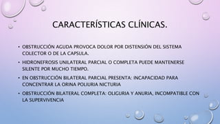 CARACTERÍSTICAS CLÍNICAS.
• OBSTRUCCIÓN AGUDA PROVOCA DOLOR POR DISTENSIÓN DEL SISTEMA
COLECTOR O DE LA CAPSULA.
• HIDRONEFROSIS UNILATERAL PARCIAL O COMPLETA PUEDE MANTENERSE
SILENTE POR MUCHO TIEMPO.
• EN OBSTRUCCIÓN BILATERAL PARCIAL PRESENTA: INCAPACIDAD PARA
CONCENTRAR LA ORINA POLIURIA NICTURIA
• OBSTRUCCIÓN BILATERAL COMPLETA: OLIGURIA Y ANURIA, INCOMPATIBLE CON
LA SUPERVIVENCIA
 