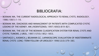 BIBLIOGRAFIA:
• BOSNIAK MA. THE CURRENT RADIOLOGICAL APPROACH TO RENAL CYSTS. RADIOLOGY.
1986;158(1):1-10.
• BOSNIAK MA. DIAGNOSIS AND MANAGEMENT OF PATIENTS WITH COMPLICATED CYSTIC
LESIONS OF THE KIDNEY. AM J ROENTGENOL 1997;169(3):819-821.
• BOSNIAK MA. THE USE OF THE BOSNIAK CLASSIFICATION SYSTEM FOR RENAL CYSTS AND
CYSTIC TUMORS. J UROL. 1997;157(5):1852-1853.
• SANTIAGO L, KASWICK J, BELMANN GC. LAPAROSCOPIC EVALUATION OF INDETERMINATE
RENAL CYSTS: LONG-TERM FOLLOW-UP.UROLOGY 1998;52(3):379-383.
 