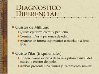 DIAGNOSTICO
DIFERENCIAL:
Quistes de Millium:
  Quiste epidermico muy pequeño
  Común niños y personas de edad
  Aparece en forma espontanea o asociado a ácne
  facial.

Quiste Pilar (triquilemales):
  Origen : vaina externa de la raiz pilosa a nivel del
  musculo erector del pelo.
  Ambos presenta una clinica y tratamiento similar.
 