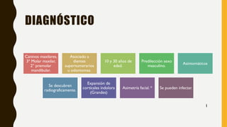 DIAGNÓSTICO
Caninos maxilares,
3º Molar maxilar,
2° premolar
mandibular.
Asociado a
dientes
supernumerarios
u odontomas.
10 y 30 años de
edad.
Predilección sexo
masculino.
Asintomáticos
Se descubren
radiograficamente.
Expansión de
corticales indolora
(Grandes)
Asimetría facial. * Se pueden infectar.
1
 