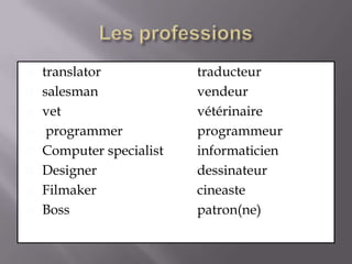 Les professionstranslator 			traducteursalesman 			vendeurvet 				vétérinaire programmer			programmeurComputer specialist 	informaticienDesigner			dessinateurFilmaker			cineasteBoss				patron(ne)	