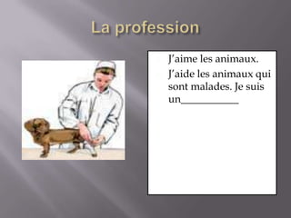 La professionJ’aime les animaux.J’aide les animaux qui sont malades. Je suis un___________