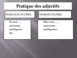 Pratique des adjectifsMasculin plurielFeminin PlurielIls sont…..amusantsintélligentsEtc..	Elles sont……amusantesintélligentes