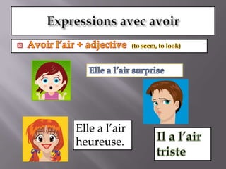 Expressions avec avoirAvoir l’air + adjective  (to seem, to look)Elle a l’air surpriseElle a l’air heureuse.Il a l’air triste