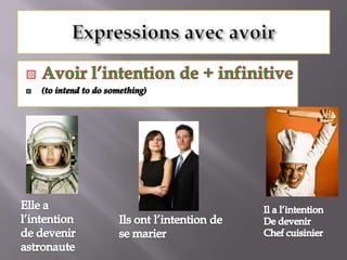 Expressions avec avoirAvoir l’intention de + infinitive(to intend to do something)Elle a l’intentionde devenir astronaute   Il a l’intentionDe devenirChef cuisinierIls ont l’intention de se marier