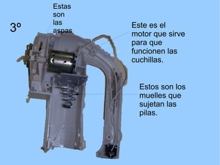 Estas
son
las Este es el
3º aspas motor que sirve
para que
funcionen las
cuchillas.
Estos son los
muelles que
sujetan las
pilas.