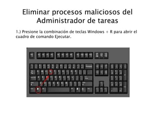 Eliminar procesos maliciosos del
Administrador de tareas
1.) Presione la combinación de teclas Windows + R para abrir el
cuadro de comando Ejecutar.
 