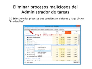 Eliminar procesos maliciosos del
Administrador de tareas
3.) Seleccione los procesos que considera maliciosos y haga clic en
"Ir a detalles".
 
