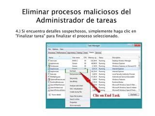 Eliminar procesos maliciosos del
Administrador de tareas
4.) Si encuentra detalles sospechosos, simplemente haga clic en
"Finalizar tarea" para finalizar el proceso seleccionado.
 