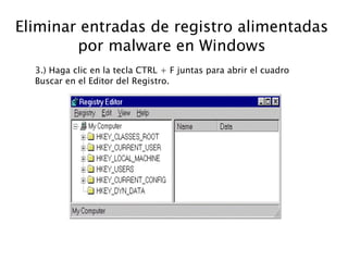 Eliminar entradas de registro alimentadas
por malware en Windows
3.) Haga clic en la tecla CTRL + F juntas para abrir el cuadro
Buscar en el Editor del Registro.
 