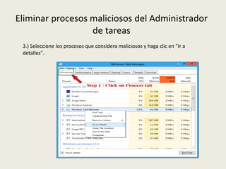 Eliminar procesos maliciosos del Administrador
de tareas
3.) Seleccione los procesos que considera maliciosos y haga clic en "Ir a
detalles".
 