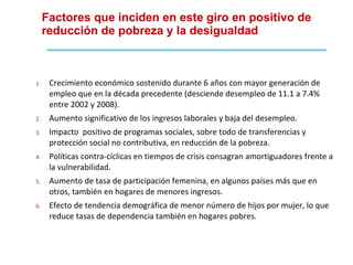 Factores que inciden en este giro en positivo de reducción de pobreza y la desigualdad Crecimiento económico sostenido durante 6 años con mayor generación de empleo que en la década precedente (desciende desempleo de 11.1 a 7.4% entre 2002 y 2008). Aumento significativo de los ingresos laborales y baja del desempleo. Impacto  positivo de programas sociales, sobre todo de transferencias y protección social no contributiva, en reducción de la pobreza. Políticas contra-cíclicas en tiempos de crisis consagran amortiguadores frente a la vulnerabilidad. Aumento de tasa de participación femenina, en algunos países más que en otros, también en hogares de menores ingresos. Efecto de tendencia demográfica de menor número de hijos por mujer, lo que reduce tasas de dependencia también en hogares pobres. 