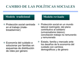 Protección social centrada en el trabajo (male-breadwinner)  Economía del cuidado a solucionar por familias en esquemas de distribución de roles por género Protección social en un mundo laboral restringido: del plano contributivo al solidario (universalismo básico); conciliación trabajo no remunerdo y remunerado Estado, familia y mercado ante los desafíos de la economía del cuidado con cambios demográficos y de género Modelo  tradicional Modelo revisado CAMBIO DE LAS POLÍTICAS SOCIALES 