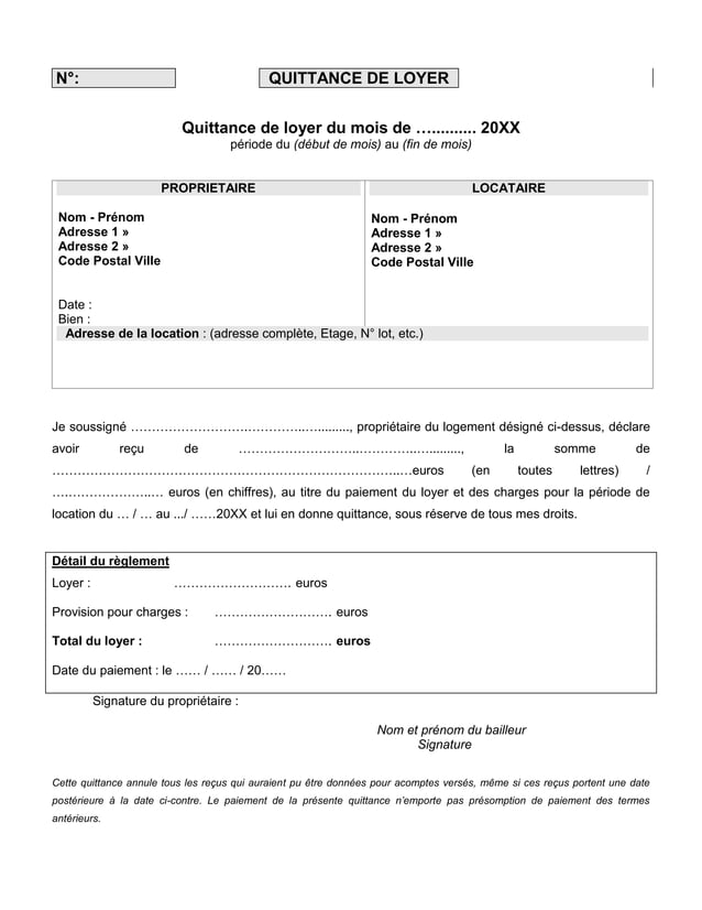 Modèle de quittance de loyer gratuite pour location PDF