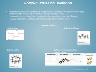 Poseé la característica de formar de las estructuras diversas y variadas : cadenas largas,
cadenas ramificadas, ciclos con enlaces sencillos, dobles o triples.
Enlaces de carbono – carbono como los sencillos son sigma σ son muy fuertes
Enlaces de carbono – carbono como los dobles o triple unión son pi ∏
Tipo de Cadenas
Cadena larga Cadena ramificada
Cadenas cíclicas Cadenas con enlaces sencillos,
dobles y triples
NOMENCLATURA DEL CARBONO
La química del carbono (S/f)
 