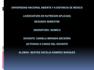 UNIVERSIDAD NACIONAL ABIERTA Y A DISTANCIA DE MEXICO
LICENCIATURA EN NUTRICION APLICADA
SEGUNDO SEMESTRE
ASIGNATURA: QUIMICA
DOCENTE: DANIELA MIRANDA BECERRA
ACTIVIDAD A CARGO DEL DOCENTE
ALUMNO: BEATRIZ ARCELIA RAMIREZ MARQUEZ
 