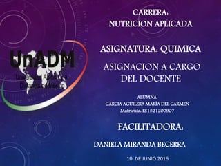 CARRERA:
NUTRICION APLICADA
ASIGNATURA: QUIMICA
ASIGNACION A CARGO
DEL DOCENTE
FACILITADORA:
DANIELA MIRANDA BECERRA
ALUMNA:
GARCIA AGUILERA MARÍA DEL CARMEN
Matrícula: ES1521200907
10 DE JUNIO 2016
 