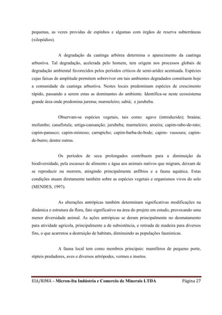 EIA/RIMA – Micron-Ita Indústria e Comercio de Minerais LTDA Página 27
pequenas, as vezes providas de espinhos e algumas com órgãos de reserva subterrâneas
(xilopódios).
A degradação da caatinga arbórea determina o aparecimento da caatinga
arbustiva. Tal degradação, acelerada pelo homem, tem origem nos processos globais de
degradação ambiental favorecidos pelos períodos críticos de semi-aridez acentuada. Espécies
cujas faixas de amplitude permitem sobreviver em tais ambientes degradados constituem hoje
a comunidade da caatinga arbustiva. Nestes locais predominam espécies de crescimento
rápido, passando a serem estas as dominantes do ambiente. Identifica-se neste ecossistema
grande área onde predomina jurema; marmeleiro; sabiá; e jurubeba.
Observam-se espécies vegetais, tais como: agave (introduzido); braúna;
mofumbo; canafístula; urtiga-cansanção; jurubeba; marmeleiro; aroeira; capim-rabo-de-rato;
capim-panasco; capim-mimoso; carrapicho; capim-barba-de-bode; capim- vassoura; capim-
de-burro; dentre outras.
Os períodos de seca prolongados contribuem para a diminuição da
biodiversidade, pela escassez de alimento e água aos animais nativos que migram, deixam de
se reproduzir ou morrem, atingindo principalmente anfíbios e a fauna aquática. Estas
condições atuam diretamente também sobre as espécies vegetais e organismos vivos do solo
(MENDES, 1997).
As alterações antrópicas também determinam significativas modificações na
dinâmica e estrutura da flora, fato significativo na área do projeto em estudo, provocando uma
menor diversidade animal. As ações antrópicas se deram principalmente no desmatamento
para atividade agrícola, principalmente a de subsistência, e retirada de madeira para diversos
fins, o que acarretou a destruição de habitats, diminuindo as populações faunísticas.
A fauna local tem como membros principais: mamíferos de pequeno porte,
répteis predadores, aves e diversos artrópodes, vermes e insetos.
 