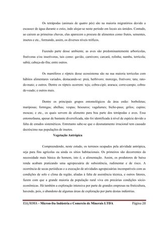 EIA/RIMA – Micron-Ita Indústria e Comercio de Minerais LTDA Página 28
Os tetrápodas (animais de quatro pés) são na maioria migratórios devido a
escassez de água durante o estio, indo alojar-se neste período em locais ais úmidos. Contudo,
ao cairem as primeiras chuvas, elas aparecem a procura de alimentos como frutos, sementes,
insetos e etc., formando, assim, os diversos níveis tróficos.
Fazendo parte desse ambiente, as aves são predominantemente arborícolas,
frutívoras e/ou insetívoras, tais como: gavião, carnívoro; carcará; rolinha; nambu, terrícola;
sabiá; cabeça-de-fita; entre outros.
Os mamíferos e répteis desse ecossistema são na sua maioria terrícolas com
hábitos alimentares variados, destacando-se: preá, herbívoro; morcego, frutívoro; tatu; rato-
do-mato; e outros. Dentre os répteis ocorrem: teju; cobra-cipó; araraca; corre-campo; cobra-
de-veado; e outros mais.
Dentre os principais grupos entomológicos da área estão: borboletas;
mariposas; formigas; abelhas; vespas; besouros; vagalumes; bicho-paus; grilos; cupins;
moscas; e etc., os quais servem de alimento para boa parte dos tetrápodas e aves. Essa
entomofauna, apesar de bastante diversificada, não foi identificada à nível de espécie devido a
falta de estudos sisteméticos. Entretanto sabe-se que o desmatamento irracional tem causado
decréscimo nas populações de insetos.
Vegetação Antrópica
Compreendendo, neste estudo, os terrenos ocupados pela atividade antrópica,
seja para fins agrícolas ou ainda os sítios habitacionais. Os primeiros são decorrentes da
necessidade mais básica do homem, isto é, a alimentação. Assim, os produtores de baixa
renda acabam praticando uma agropecuária de subsistência, rudimentar e de risco. A
ocorrência de secas periódicas e a execução de atividades agropecuárias incompatíveis com as
condições de solo e clima da região, aliadas à falta de assistência técnica, e outros fatores,
fazem com que a grande maioria da população rural viva em precárias condições sócio-
econômicas. Há também a exploração intensiva por parte de grandes empresas na fruticultura,
havendo, pois, o abandono de algumas áreas de exploração por parte destas indústrias.
 