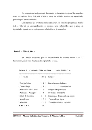 EIA/RIMA – Micron-Ita Indústria e Comercio de Minerais LTDA Página 83
Em conjunto os equipamentos disponíveis perfazeriam 484,66 m³/dia, quando a
nossa necessidade diária é de 468 m³/dia na mina, as unidades atendem as necessidades
previstas para o funcionamento.
Considerando que o volume manuseado deverá ser o mesmo programado durante
toda a vida útil do empreendimento, os mesmos serão substituídos após o prazo de
depreciação, quando novos equipamentos substituirão os já sucateados.
Pessoal e Mão de Obra
O pessoal necessário para o funcionamento da unidade mineira é de 12
funcionários, as diversas funções estão explicitadas ao lado.
Quadro III - Pessoal e Mão de Obra. Base: Janeiro./2.011.
------------------------------------------------------------------------------------
| Função | N° | Função
------------------------------------------------------------------------------------
| Engº. de Minas | 1 | Gerenciamento da Lavra
| Cabo de Fogo | 1 | “ “ “ “ “ dos explosivos
| Auxiliar de serv. Gerais | 2 | Limpeza e Higienização
| Auxiliar de Produção | 4 | Produção e Transporte
| Chefe de Escritório | 1 | Encarregado do pessoal, org. turnos
| Marteleteiro | 3 | Preparação de fogos
| Motorista | 11 | Transporte de carga e pessoal
T O T A L 22
 