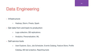 Data Engineering
▪ Infrastructure
○ Hadoop, Storm, Presto, Spark
▪ Get data from and back to production
○ Logs collection, DB replications
○ Analytics, Personalization, ML
▪ Self-service tools
○ User Explorer, Quix, Job Scheduler, Events Catalog, Feature Store, Profile
Catalog, AB-test analytics, Reporting tools
Wix
 