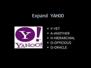 Expand YAHOO

        Y-YET
        A-ANOTHER
        H-HIERARCHIAL
        O-OFFICIOUS
        O-ORACLE
 