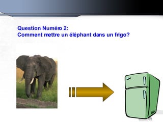 Question Numéro 2: Comment mettre un éléphant dans un frigo?   