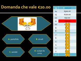 15   €1000.00
                              14   €500.00
                              13   €100.00
                              12    €50.00
                              11    €20.00
                              10    €10.0o
                              9     €5.00
                              8     €2.00
                              7     €1.00
                              6     €0.50
A. pantofole    B. stivali
                              5     €0.20
                              4     €0.10
                              3     €0.05
               D. scarpe da   2     €0.02
 C. sandali
                   corsa
                              1     €0.01
 