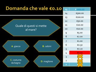 15   €1000.00
                                     14   €500.00
                                     13   €100.00
                                     12    €50.00
                                     11    €20.00
    Quale di questi si mette
                                     10    €10.0o
           al mare?
                                     9     €5.00
                                     8     €2.00
                                     7     €1.00
                                     6     €0.50
A. giacca               B. calzini
                                     5     €0.20
                                     4     €0.10
                                     3     €0.05
C. costume                           2     €0.02
                       D. maglione
 da bagno
                                     1     €0.01
 
