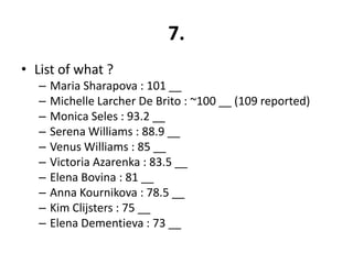 7.
• List of what ?
   –   Maria Sharapova : 101 __
   –   Michelle Larcher De Brito : ~100 __ (109 reported)
   –   Monica Seles : 93.2 __
   –   Serena Williams : 88.9 __
   –   Venus Williams : 85 __
   –   Victoria Azarenka : 83.5 __
   –   Elena Bovina : 81 __
   –   Anna Kournikova : 78.5 __
   –   Kim Clijsters : 75 __
   –   Elena Dementieva : 73 __
 