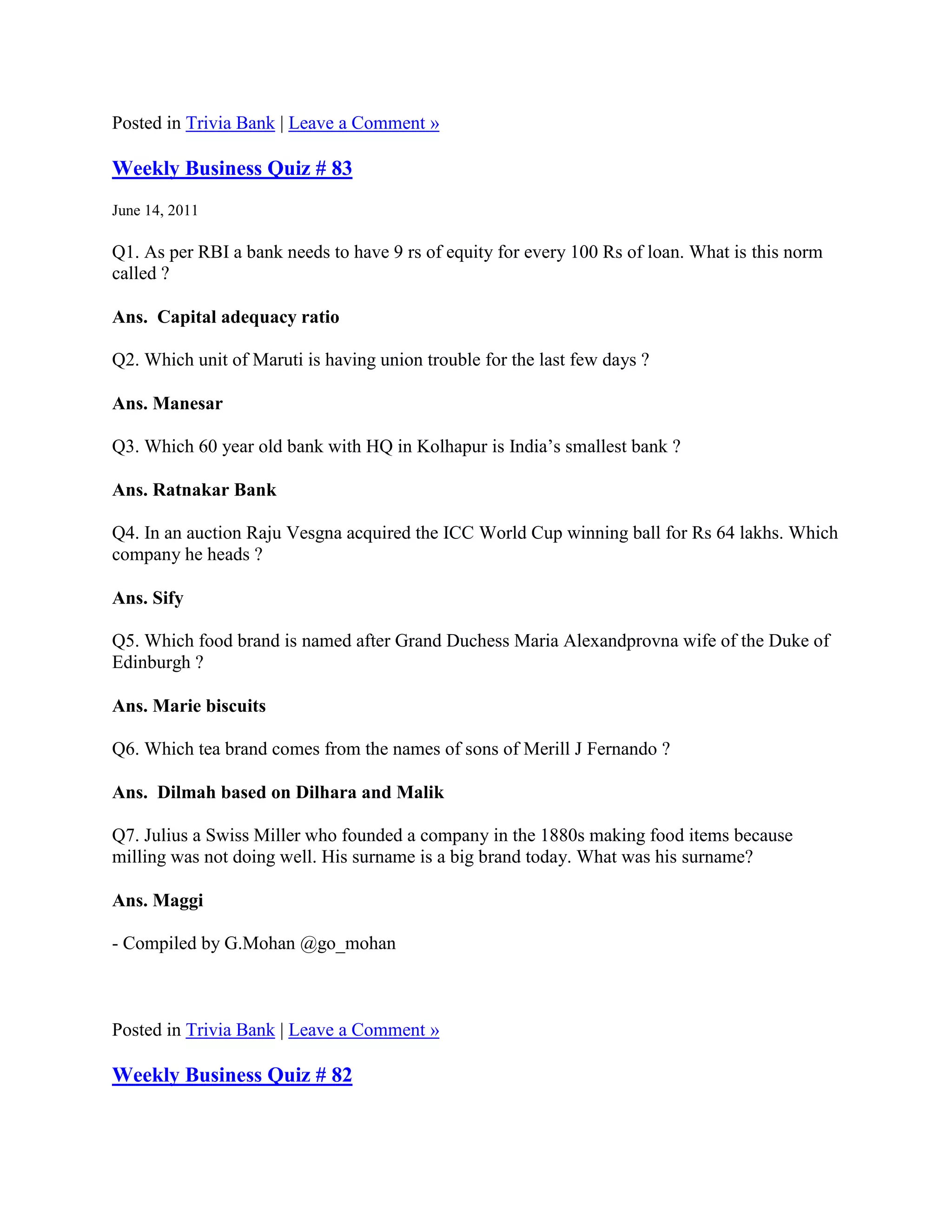Posted in Trivia Bank | Leave a Comment »

Weekly Business Quiz # 83
June 14, 2011

Q1. As per RBI a bank needs to have 9 rs of equity for every 100 Rs of loan. What is this norm
called ?

Ans. Capital adequacy ratio

Q2. Which unit of Maruti is having union trouble for the last few days ?

Ans. Manesar

Q3. Which 60 year old bank with HQ in Kolhapur is India‟s smallest bank ?

Ans. Ratnakar Bank

Q4. In an auction Raju Vesgna acquired the ICC World Cup winning ball for Rs 64 lakhs. Which
company he heads ?

Ans. Sify

Q5. Which food brand is named after Grand Duchess Maria Alexandprovna wife of the Duke of
Edinburgh ?

Ans. Marie biscuits

Q6. Which tea brand comes from the names of sons of Merill J Fernando ?

Ans. Dilmah based on Dilhara and Malik

Q7. Julius a Swiss Miller who founded a company in the 1880s making food items because
milling was not doing well. His surname is a big brand today. What was his surname?

Ans. Maggi

- Compiled by G.Mohan @go_mohan



Posted in Trivia Bank | Leave a Comment »

Weekly Business Quiz # 82
 