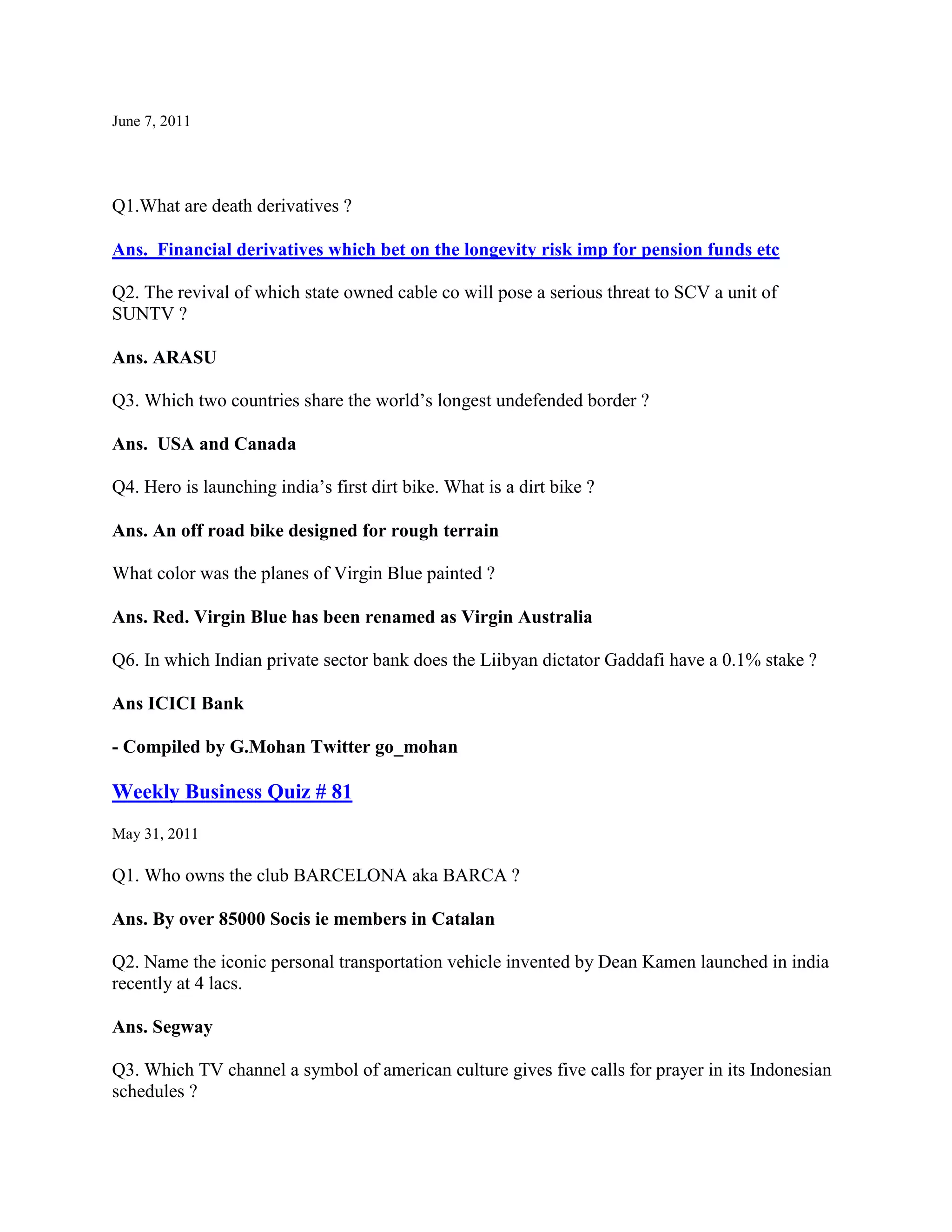 June 7, 2011




Q1.What are death derivatives ?

Ans. Financial derivatives which bet on the longevity risk imp for pension funds etc

Q2. The revival of which state owned cable co will pose a serious threat to SCV a unit of
SUNTV ?

Ans. ARASU

Q3. Which two countries share the world‟s longest undefended border ?

Ans. USA and Canada

Q4. Hero is launching india‟s first dirt bike. What is a dirt bike ?

Ans. An off road bike designed for rough terrain

What color was the planes of Virgin Blue painted ?

Ans. Red. Virgin Blue has been renamed as Virgin Australia

Q6. In which Indian private sector bank does the Liibyan dictator Gaddafi have a 0.1% stake ?

Ans ICICI Bank

- Compiled by G.Mohan Twitter go_mohan

Weekly Business Quiz # 81
May 31, 2011

Q1. Who owns the club BARCELONA aka BARCA ?

Ans. By over 85000 Socis ie members in Catalan

Q2. Name the iconic personal transportation vehicle invented by Dean Kamen launched in india
recently at 4 lacs.

Ans. Segway

Q3. Which TV channel a symbol of american culture gives five calls for prayer in its Indonesian
schedules ?
 