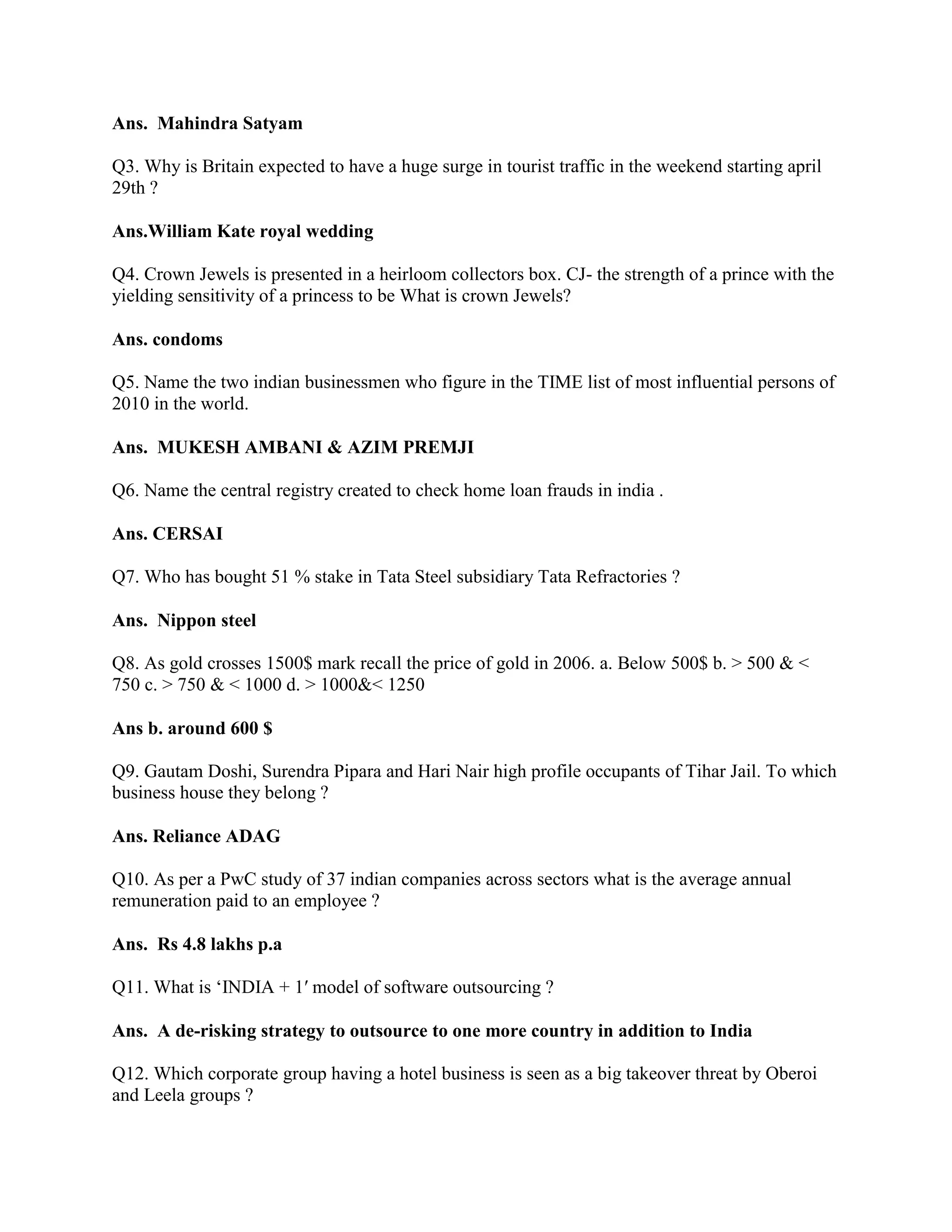 Ans. Mahindra Satyam

Q3. Why is Britain expected to have a huge surge in tourist traffic in the weekend starting april
29th ?

Ans.William Kate royal wedding

Q4. Crown Jewels is presented in a heirloom collectors box. CJ- the strength of a prince with the
yielding sensitivity of a princess to be What is crown Jewels?

Ans. condoms

Q5. Name the two indian businessmen who figure in the TIME list of most influential persons of
2010 in the world.

Ans. MUKESH AMBANI & AZIM PREMJI

Q6. Name the central registry created to check home loan frauds in india .

Ans. CERSAI

Q7. Who has bought 51 % stake in Tata Steel subsidiary Tata Refractories ?

Ans. Nippon steel

Q8. As gold crosses 1500$ mark recall the price of gold in 2006. a. Below 500$ b. > 500 & <
750 c. > 750 & < 1000 d. > 1000&< 1250

Ans b. around 600 $

Q9. Gautam Doshi, Surendra Pipara and Hari Nair high profile occupants of Tihar Jail. To which
business house they belong ?

Ans. Reliance ADAG

Q10. As per a PwC study of 37 indian companies across sectors what is the average annual
remuneration paid to an employee ?

Ans. Rs 4.8 lakhs p.a

Q11. What is „INDIA + 1′ model of software outsourcing ?

Ans. A de-risking strategy to outsource to one more country in addition to India

Q12. Which corporate group having a hotel business is seen as a big takeover threat by Oberoi
and Leela groups ?
 