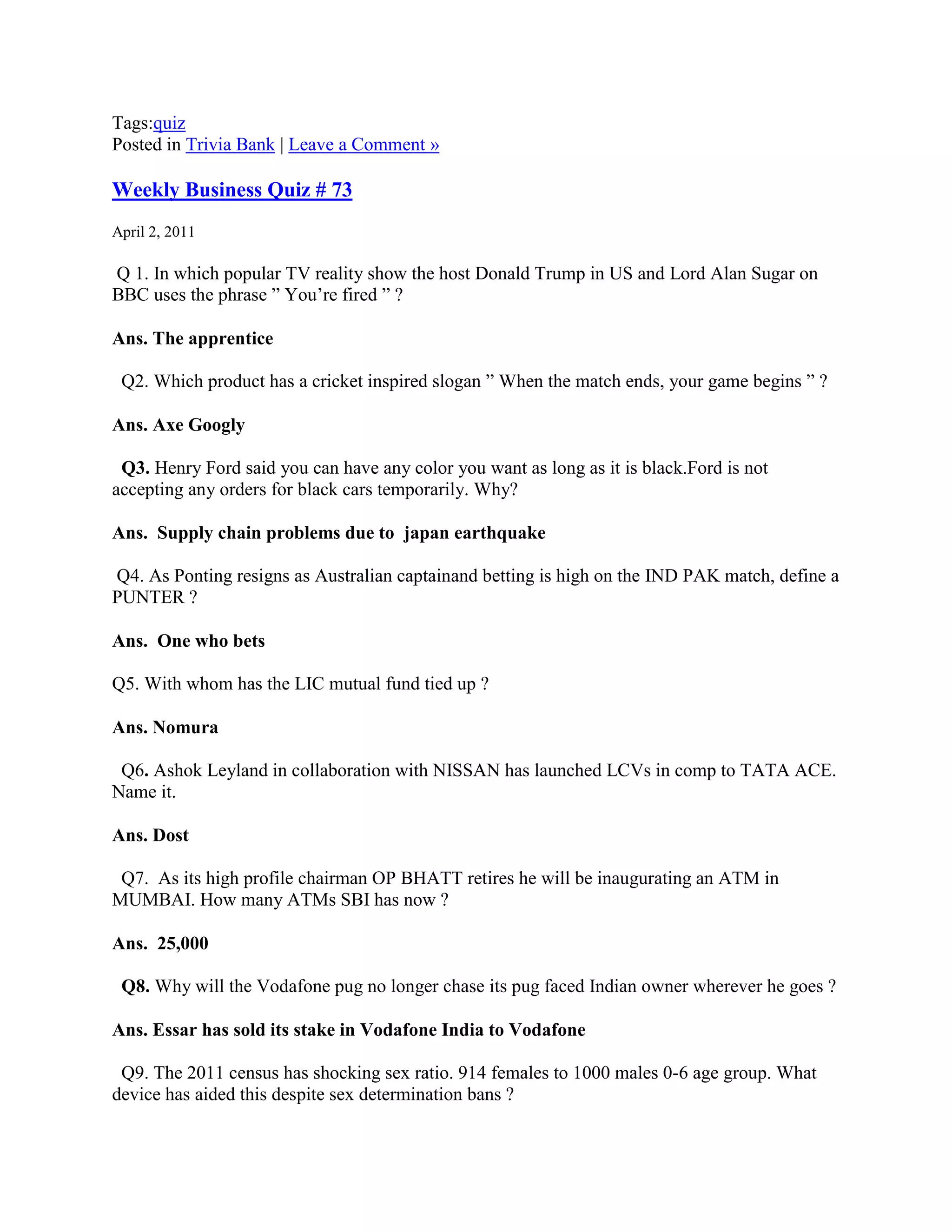 Tags:quiz
Posted in Trivia Bank | Leave a Comment »

Weekly Business Quiz # 73
April 2, 2011

Q 1. In which popular TV reality show the host Donald Trump in US and Lord Alan Sugar on
BBC uses the phrase ” You‟re fired ” ?

Ans. The apprentice

 Q2. Which product has a cricket inspired slogan ” When the match ends, your game begins ” ?

Ans. Axe Googly

 Q3. Henry Ford said you can have any color you want as long as it is black.Ford is not
accepting any orders for black cars temporarily. Why?

Ans. Supply chain problems due to japan earthquake

Q4. As Ponting resigns as Australian captainand betting is high on the IND PAK match, define a
PUNTER ?

Ans. One who bets

Q5. With whom has the LIC mutual fund tied up ?

Ans. Nomura

 Q6. Ashok Leyland in collaboration with NISSAN has launched LCVs in comp to TATA ACE.
Name it.

Ans. Dost

 Q7. As its high profile chairman OP BHATT retires he will be inaugurating an ATM in
MUMBAI. How many ATMs SBI has now ?

Ans. 25,000

 Q8. Why will the Vodafone pug no longer chase its pug faced Indian owner wherever he goes ?

Ans. Essar has sold its stake in Vodafone India to Vodafone

 Q9. The 2011 census has shocking sex ratio. 914 females to 1000 males 0-6 age group. What
device has aided this despite sex determination bans ?
 