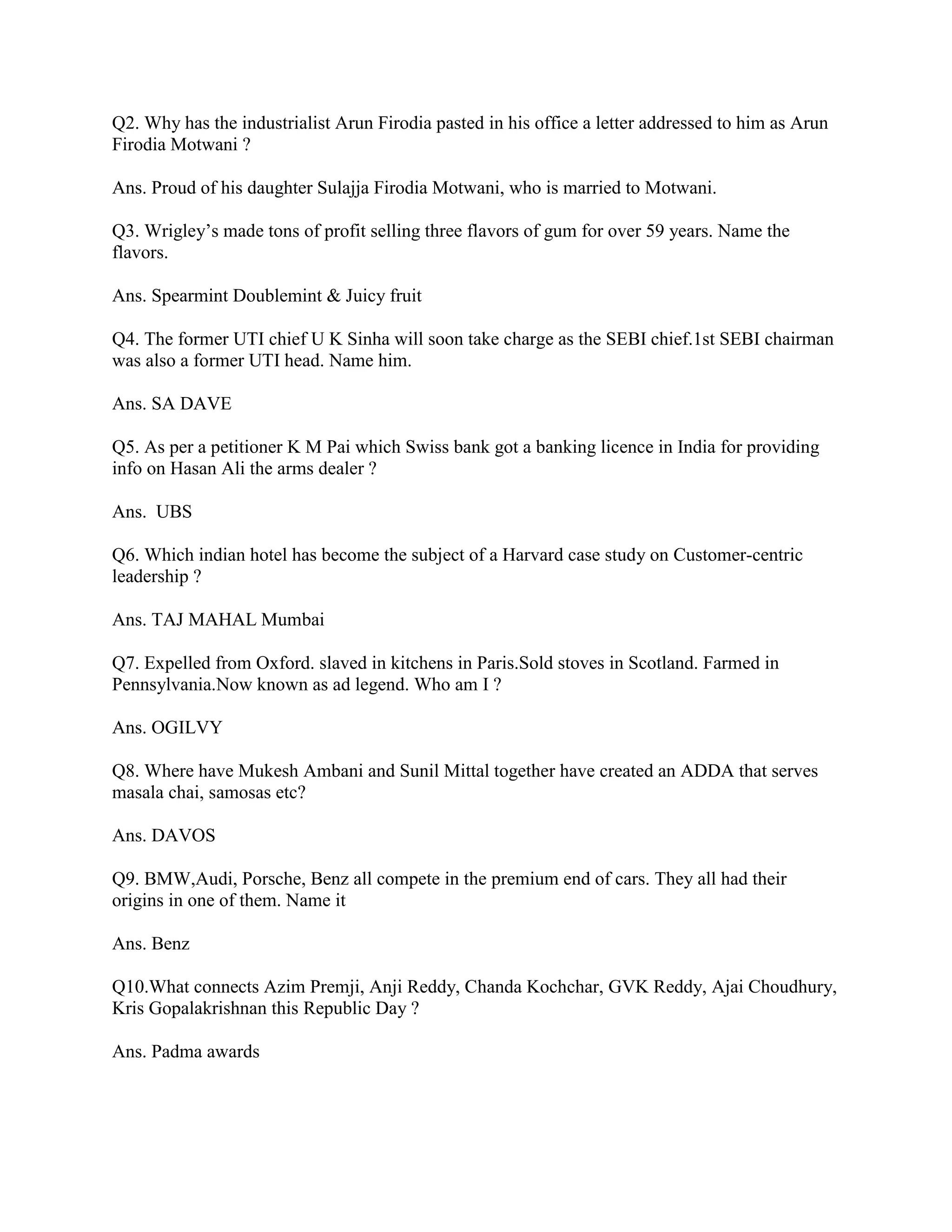 Q2. Why has the industrialist Arun Firodia pasted in his office a letter addressed to him as Arun
Firodia Motwani ?

Ans. Proud of his daughter Sulajja Firodia Motwani, who is married to Motwani.

Q3. Wrigley‟s made tons of profit selling three flavors of gum for over 59 years. Name the
flavors.

Ans. Spearmint Doublemint & Juicy fruit

Q4. The former UTI chief U K Sinha will soon take charge as the SEBI chief.1st SEBI chairman
was also a former UTI head. Name him.

Ans. SA DAVE

Q5. As per a petitioner K M Pai which Swiss bank got a banking licence in India for providing
info on Hasan Ali the arms dealer ?

Ans. UBS

Q6. Which indian hotel has become the subject of a Harvard case study on Customer-centric
leadership ?

Ans. TAJ MAHAL Mumbai

Q7. Expelled from Oxford. slaved in kitchens in Paris.Sold stoves in Scotland. Farmed in
Pennsylvania.Now known as ad legend. Who am I ?

Ans. OGILVY

Q8. Where have Mukesh Ambani and Sunil Mittal together have created an ADDA that serves
masala chai, samosas etc?

Ans. DAVOS

Q9. BMW,Audi, Porsche, Benz all compete in the premium end of cars. They all had their
origins in one of them. Name it

Ans. Benz

Q10.What connects Azim Premji, Anji Reddy, Chanda Kochchar, GVK Reddy, Ajai Choudhury,
Kris Gopalakrishnan this Republic Day ?

Ans. Padma awards
 