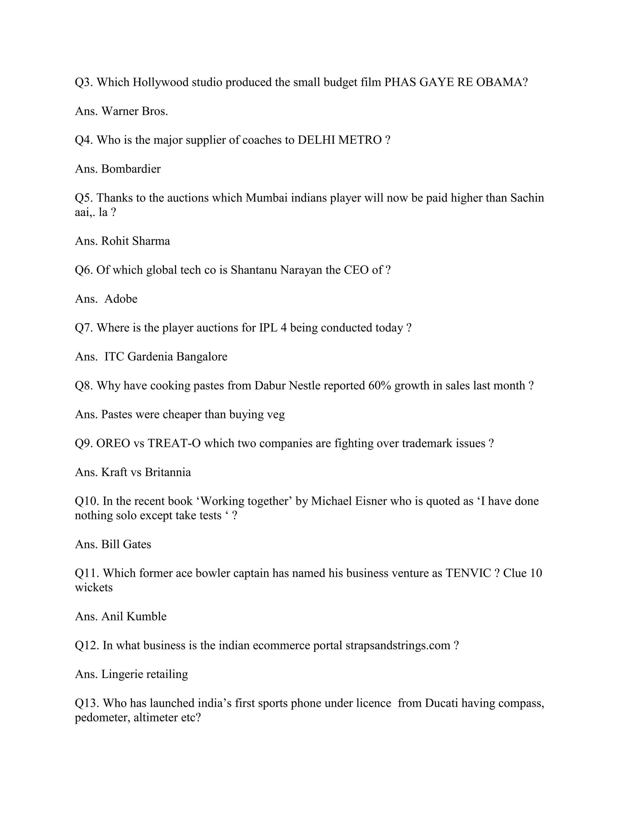 Q3. Which Hollywood studio produced the small budget film PHAS GAYE RE OBAMA?

Ans. Warner Bros.

Q4. Who is the major supplier of coaches to DELHI METRO ?

Ans. Bombardier

Q5. Thanks to the auctions which Mumbai indians player will now be paid higher than Sachin
aai,. la ?

Ans. Rohit Sharma

Q6. Of which global tech co is Shantanu Narayan the CEO of ?

Ans. Adobe

Q7. Where is the player auctions for IPL 4 being conducted today ?

Ans. ITC Gardenia Bangalore

Q8. Why have cooking pastes from Dabur Nestle reported 60% growth in sales last month ?

Ans. Pastes were cheaper than buying veg

Q9. OREO vs TREAT-O which two companies are fighting over trademark issues ?

Ans. Kraft vs Britannia

Q10. In the recent book „Working together‟ by Michael Eisner who is quoted as „I have done
nothing solo except take tests „ ?

Ans. Bill Gates

Q11. Which former ace bowler captain has named his business venture as TENVIC ? Clue 10
wickets

Ans. Anil Kumble

Q12. In what business is the indian ecommerce portal strapsandstrings.com ?

Ans. Lingerie retailing

Q13. Who has launched india‟s first sports phone under licence from Ducati having compass,
pedometer, altimeter etc?
 