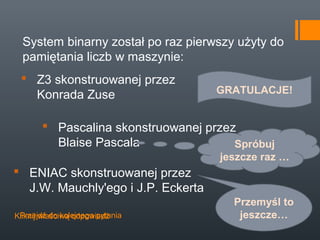 System binarny został po raz pierwszy użyty do
  pamiętania liczb w maszynie:
  Z3 skonstruowanej przez
   Konrada Zuse                     GRATULACJE!


        Pascalina skonstruowanej przez
         Blaise Pascala                Spróbuj
                                    jeszcze raz …
 ENIAC skonstruowanej przez
  J.W. Mauchly'ego i J.P. Eckerta
                                       Przemyśl to
 Przejdź do kolejnego pytania
Kliknij właściwą odpowiedź              jeszcze…
 