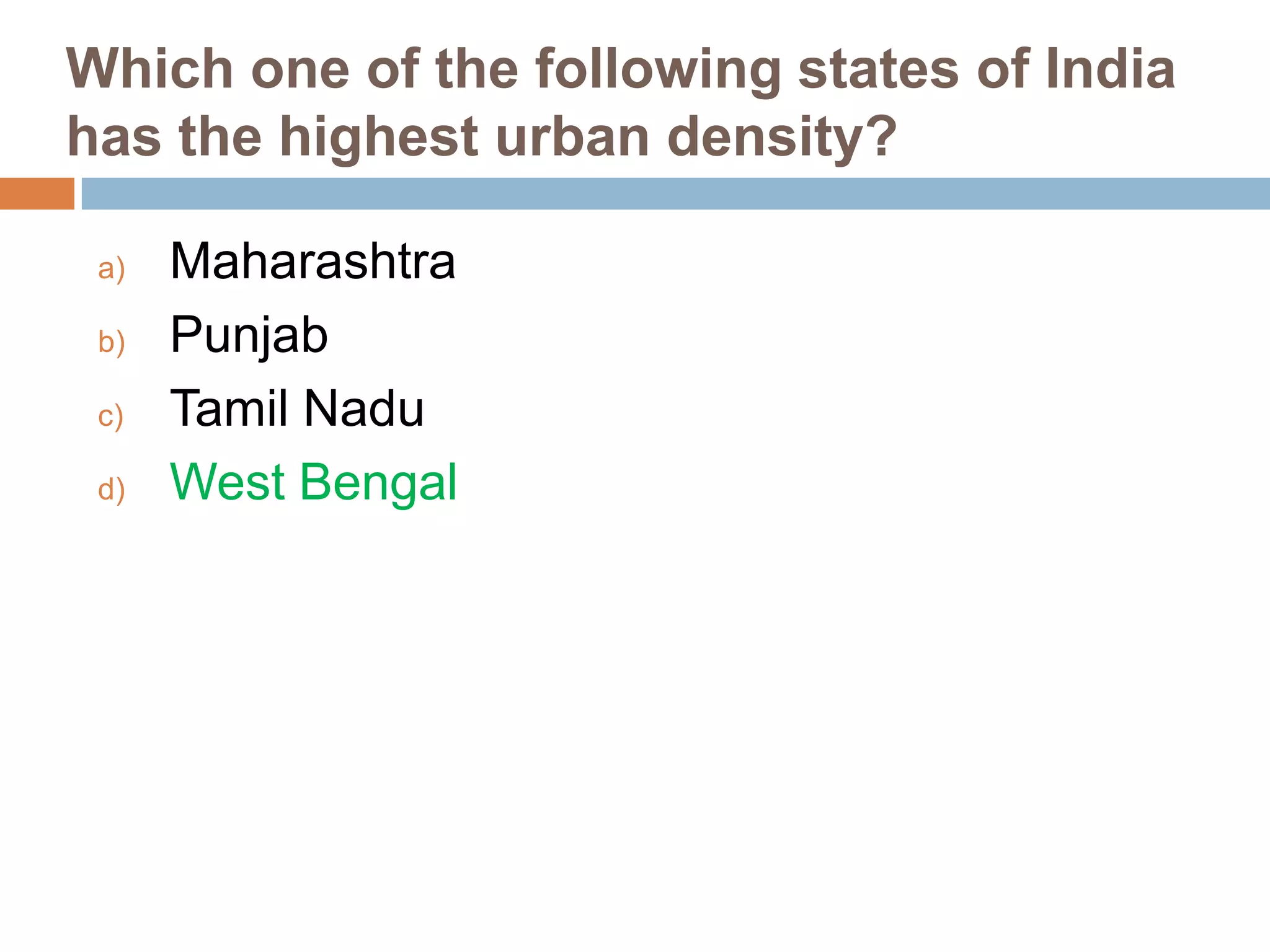 Which one of the following states of India
has the highest urban density?
a)
b)
c)
d)

Maharashtra
Punjab
Tamil Nadu
West Bengal

 