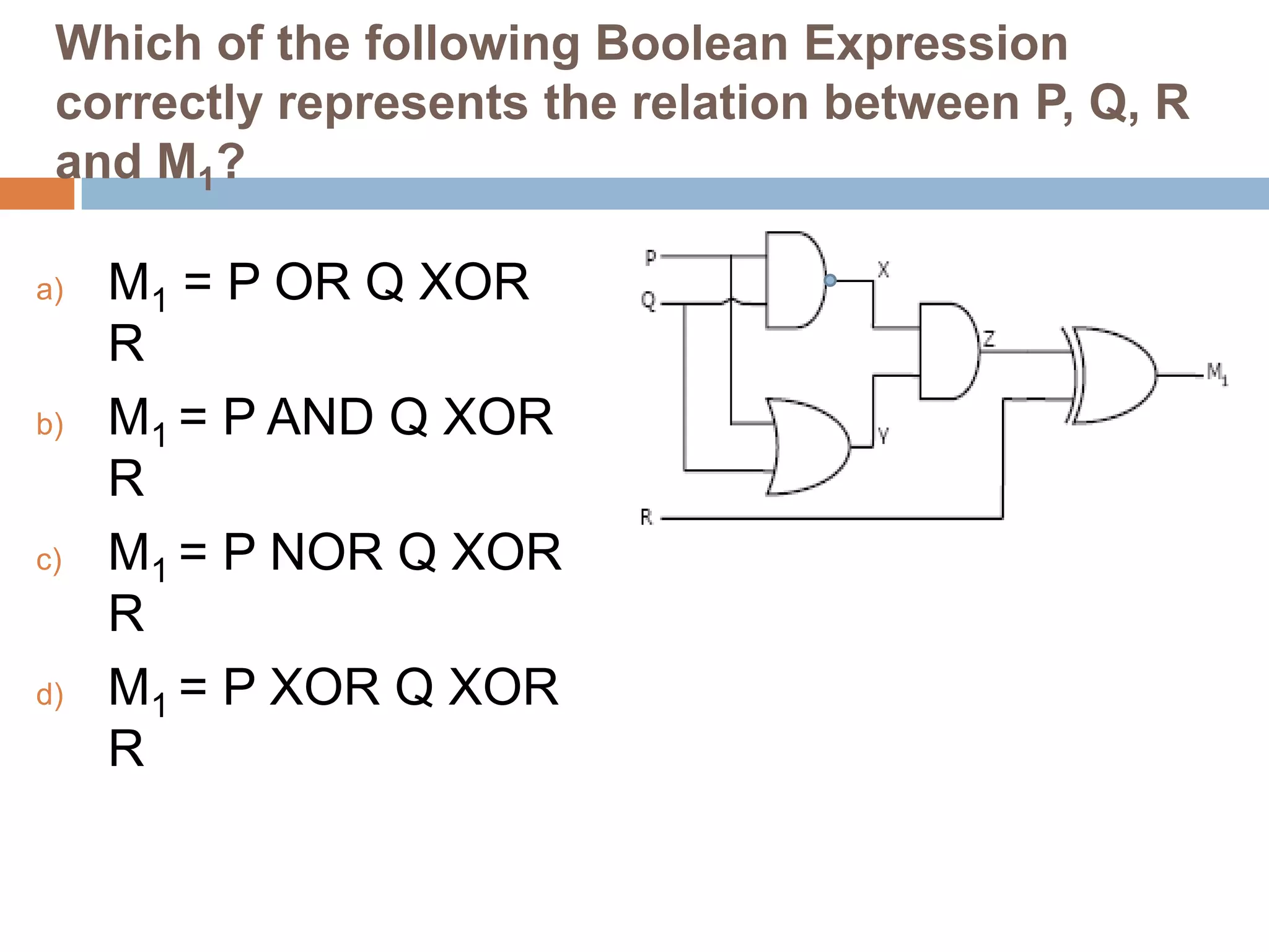 Which of the following Boolean Expression
correctly represents the relation between P, Q, R
and M1?
a)

b)

c)

d)

M1 = P OR Q XOR
R
M1 = P AND Q XOR
R
M1 = P NOR Q XOR
R
M1 = P XOR Q XOR
R

 