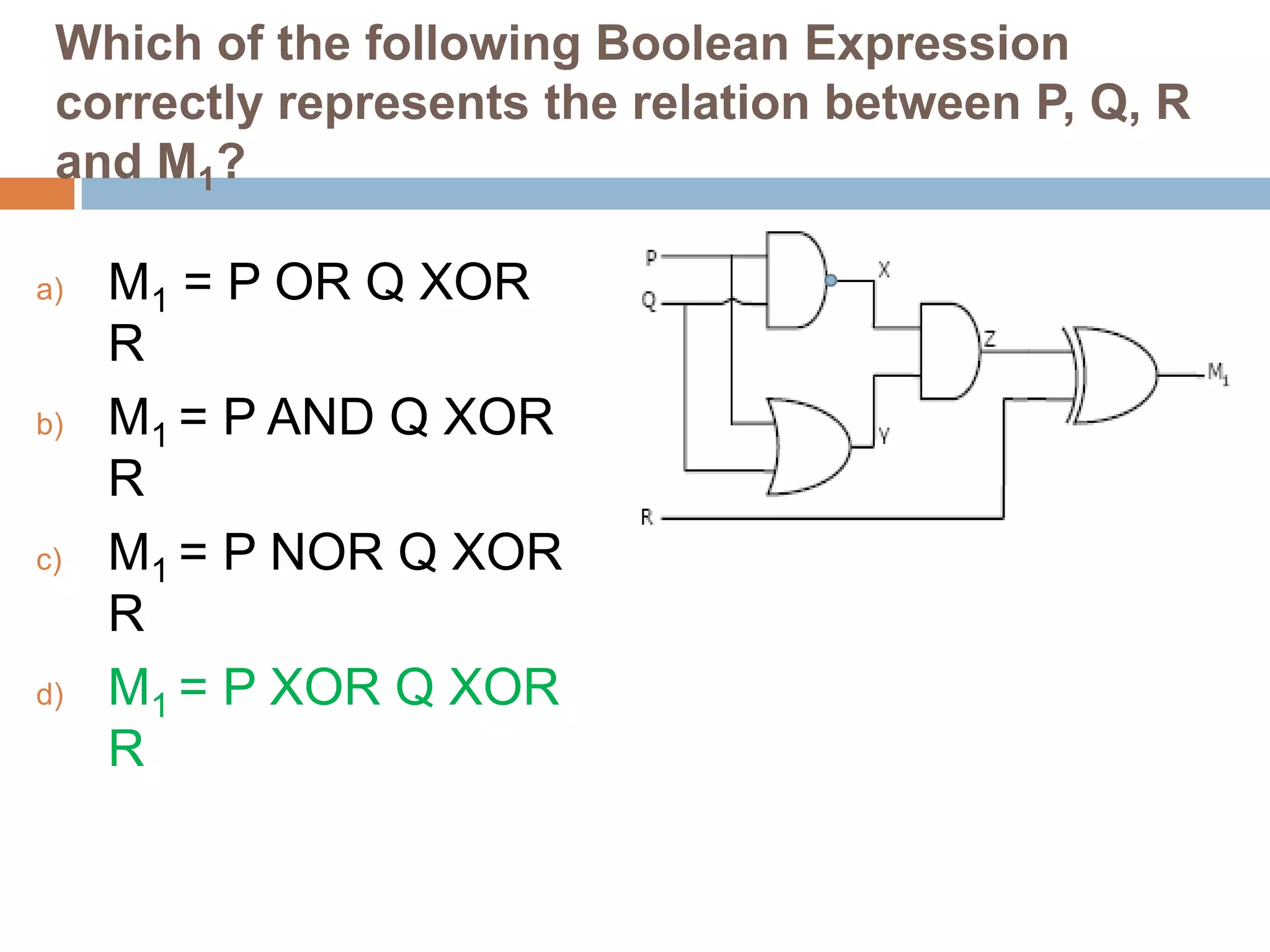 Which of the following Boolean Expression
correctly represents the relation between P, Q, R
and M1?
a)

b)

c)

d)

M1 = P OR Q XOR
R
M1 = P AND Q XOR
R
M1 = P NOR Q XOR
R
M1 = P XOR Q XOR
R

 