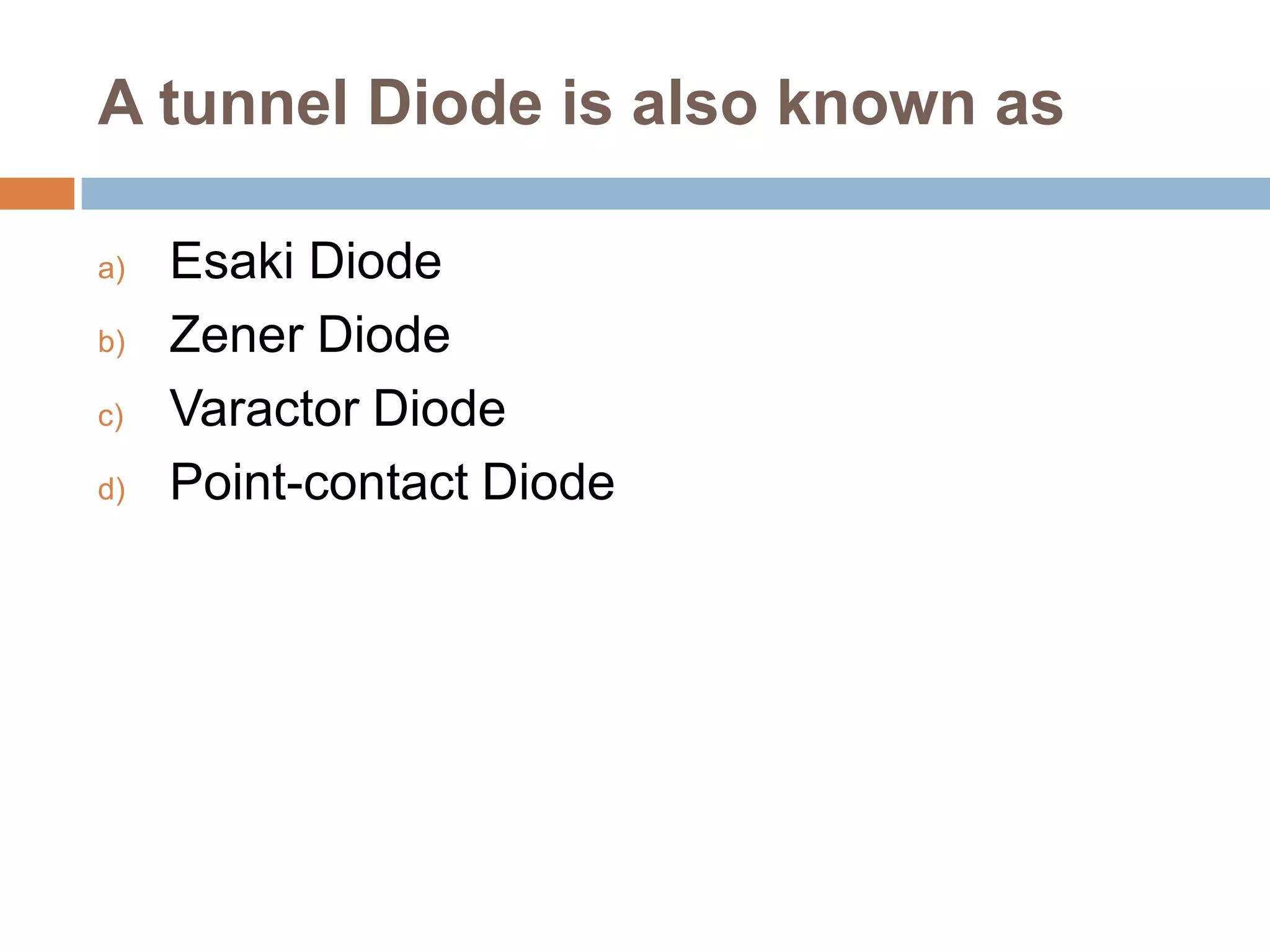 A tunnel Diode is also known as
a)
b)
c)
d)

Esaki Diode
Zener Diode
Varactor Diode
Point-contact Diode

 