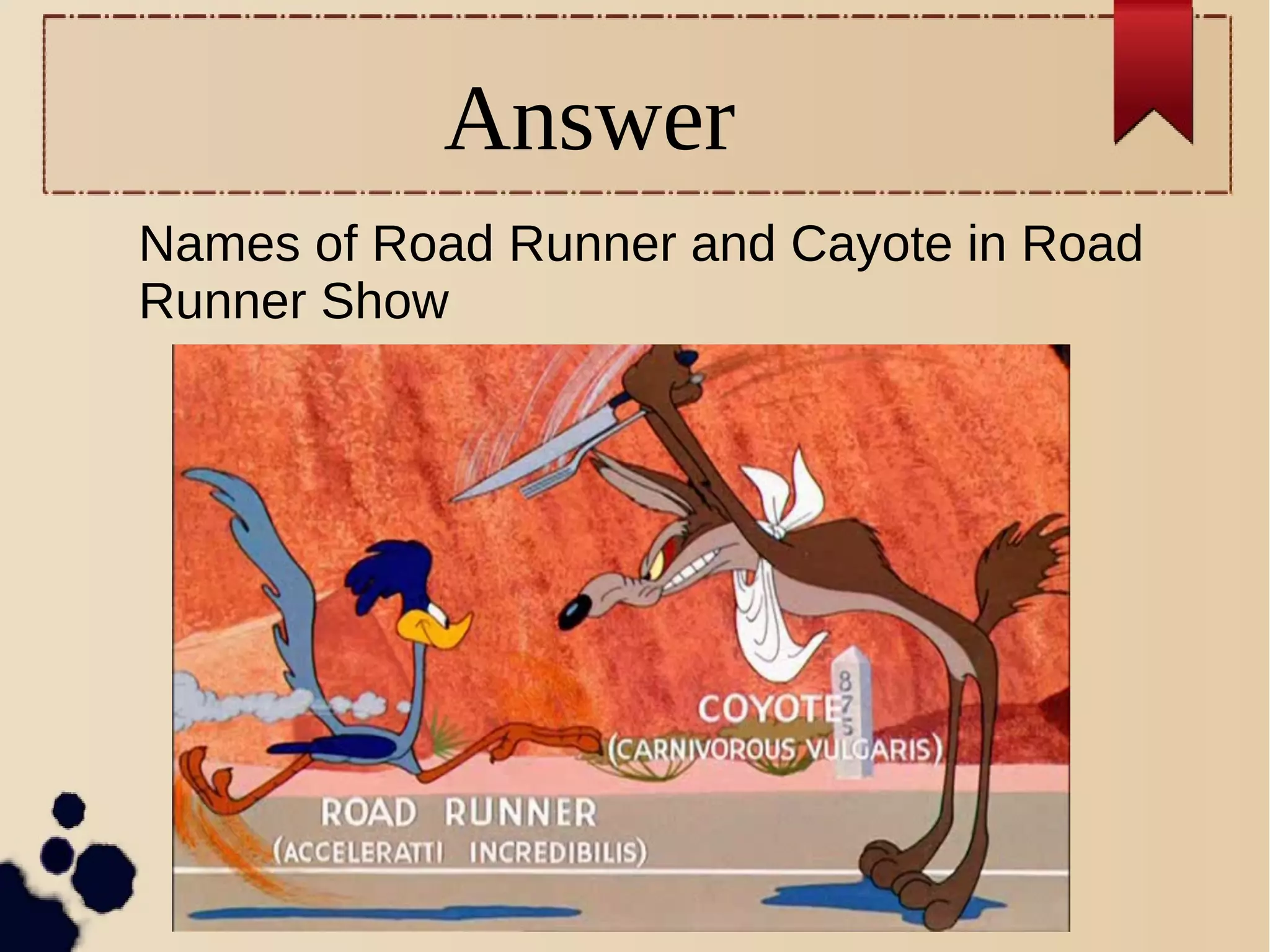 Answer
Names of Road Runner and Cayote in Road
Runner Show
 