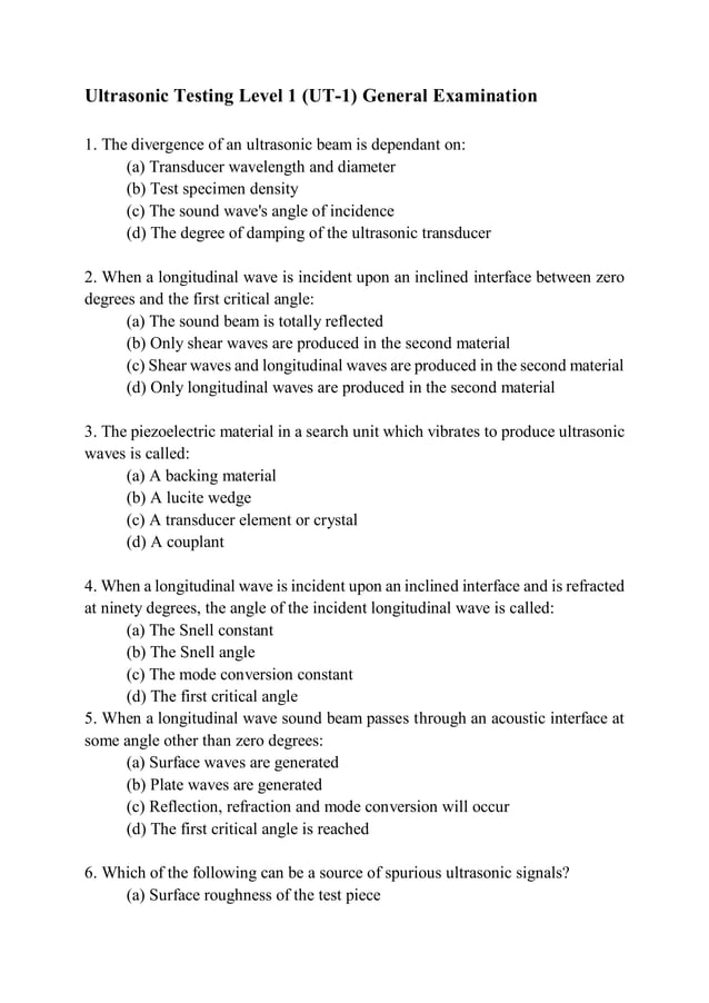 Ultrasonic Testing Level 1 Quiz PDF
